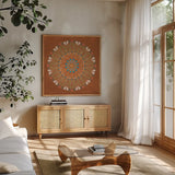 Harvest Whimsy XI Color by Dina June. Shown in a natural wood frame in a cozy modern living room. Available as an archival giclee rolled canvas, fine art paper, or poster print. SKU 91932a.