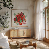 Holiday Harmony I by Dina June. Shown in a natural wood frame in a cozy modern living room. Available as an archival giclee rolled canvas, fine art paper, or poster print. SKU 102164a.