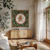 Holiday Harmony V by Dina June. Shown in a natural wood frame in a cozy modern living room. Available as an archival giclee rolled canvas, fine art paper, or poster print. SKU 102168a.