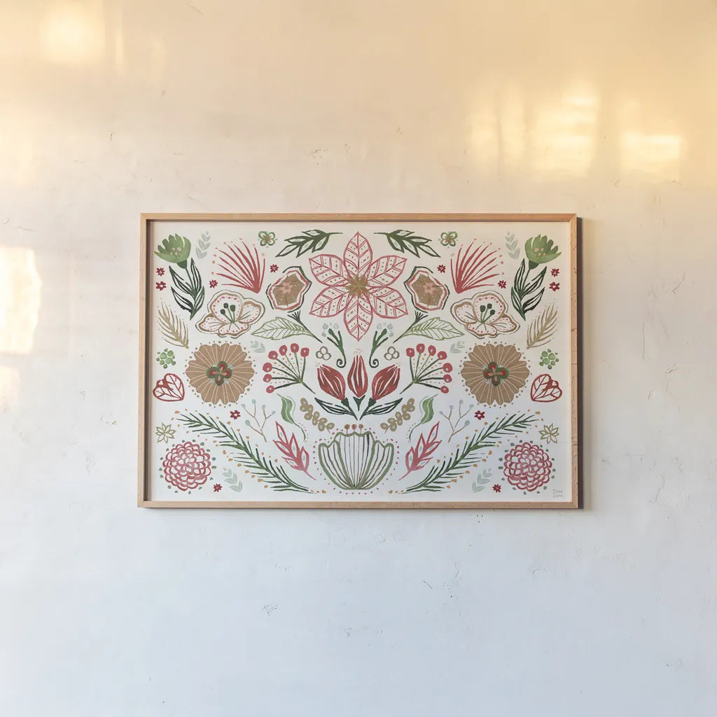 Holiday Lore I Light by Dina June. shown as a paper print in a natural frame. Available as a archival giclee rolled canvas, fine art paper, or poster print. SKU 97160i.