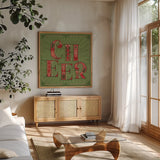 Holiday Lore V by Dina June. Shown in a natural wood frame in a cozy modern living room. Available as an archival giclee rolled canvas, fine art paper, or poster print. SKU 97167a.