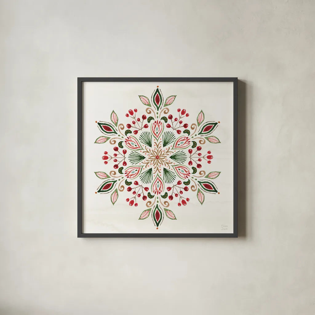Holiday Lore VII by Dina June. Shown in a sleek black glass frame for a contemporary gallery look. Available as an archival giclee rolled canvas, fine art paper, or poster print. SKU 97170a.