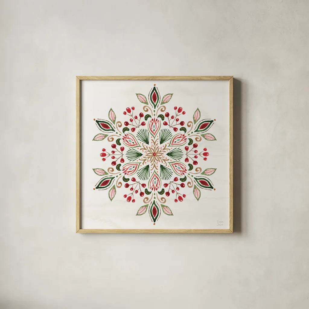 Holiday Lore VII by Dina June. Shown in a natural wood glass frame for a timeless modern aesthetic. Available as an archival giclee rolled canvas, fine art paper, or poster print. SKU 97170a.