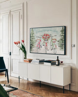 Holiday Ride I by Dina June. shown as a framed stretched canvas in a living room above a console. Available as a archival giclee rolled canvas, fine art paper, or poster print. SKU 63614i.