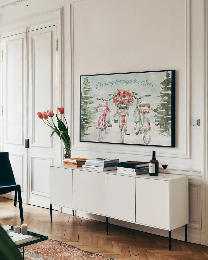 Holiday Ride I by Dina June. shown as a framed stretched canvas in a living room above a console. Available as a archival giclee rolled canvas, fine art paper, or poster print. SKU 63614i.