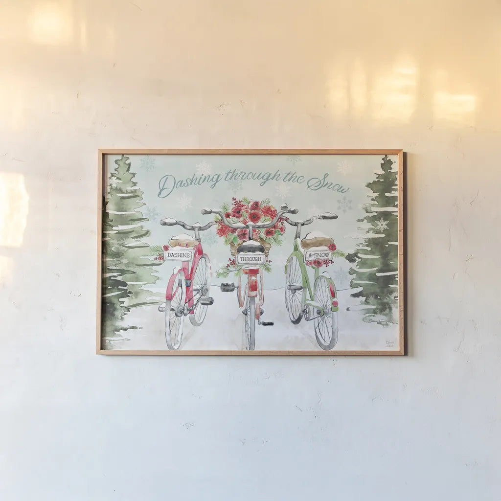 Holiday Ride I by Dina June. shown as a paper print in a natural frame. Available as a archival giclee rolled canvas, fine art paper, or poster print. SKU 63614i.