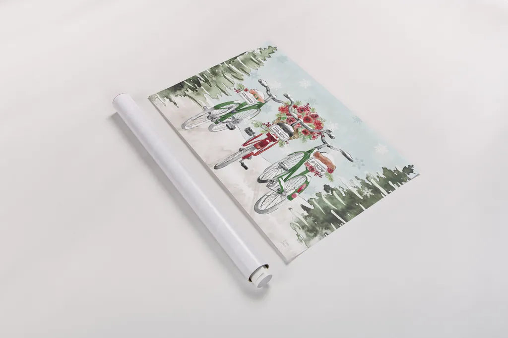 Holiday Ride I Red and Green by Dina June. shown as a rolled paper print. Available as archival giclee rolled canvas, fine art paper, or poster print. SKU 75112i.