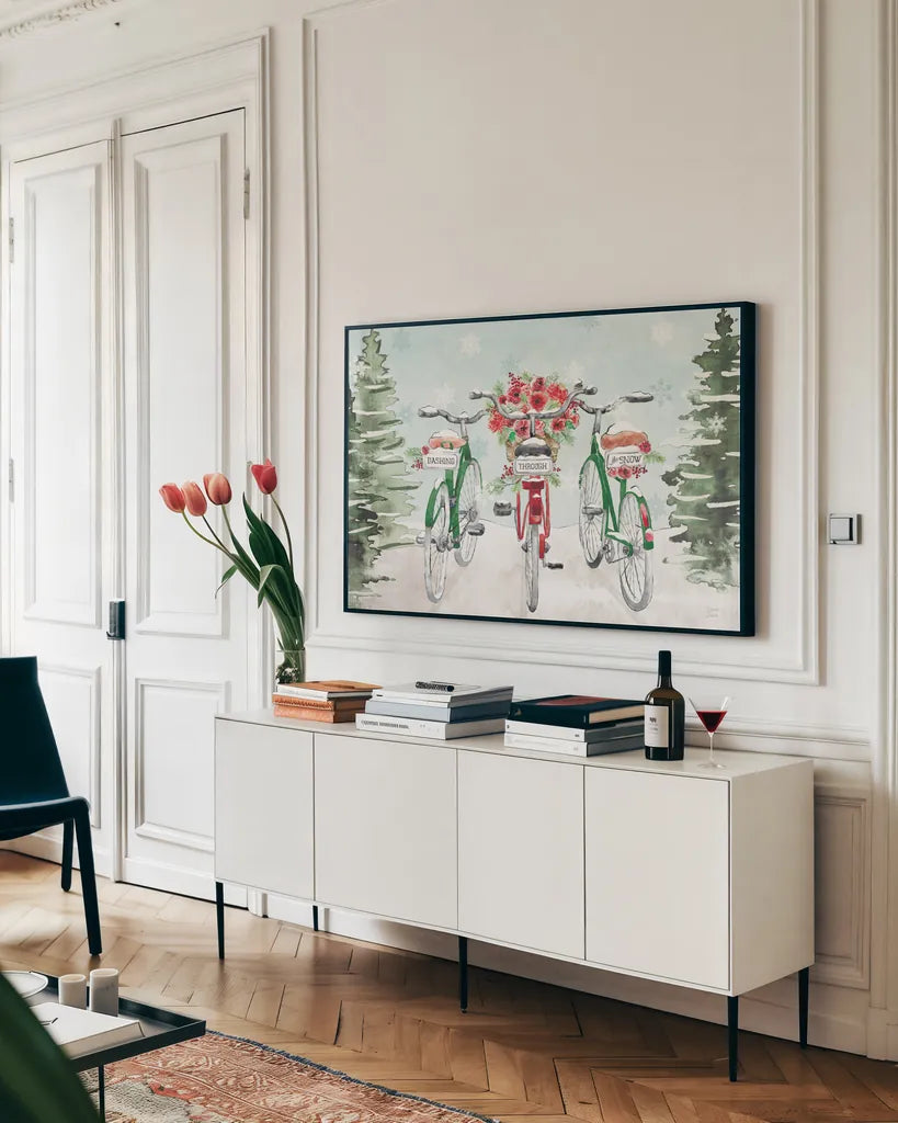 Holiday Ride I Red and Green by Dina June. shown as a framed stretched canvas in a living room above a console. Available as a archival giclee rolled canvas, fine art paper, or poster print. SKU 75112i.