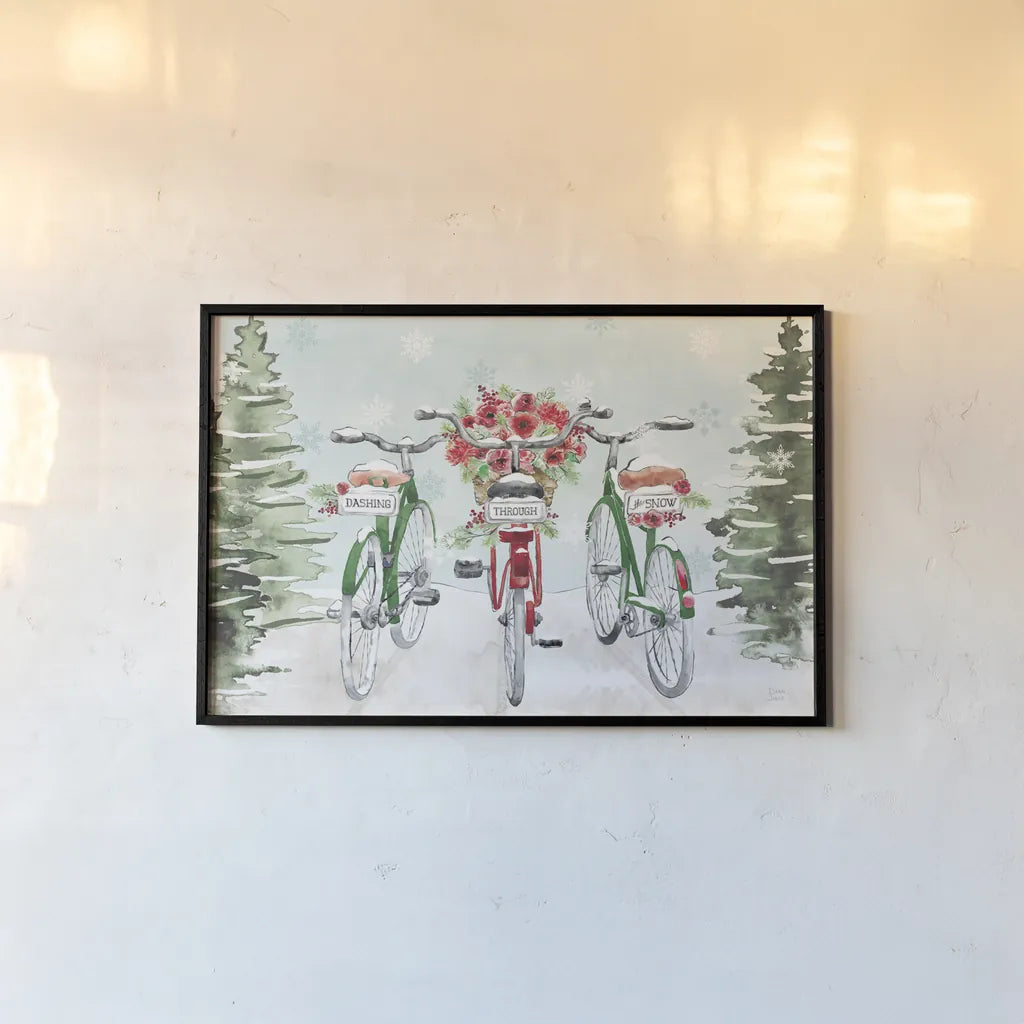 Holiday Ride I Red and Green by Dina June. shown as a paper print in a black flame. Available as a archival giclee rolled canvas, fine art paper, or poster print. SKU 75112i.