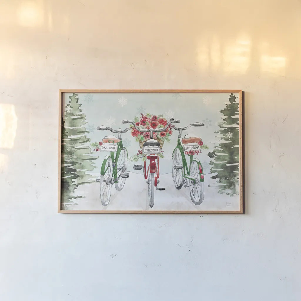 Holiday Ride I Red and Green by Dina June. shown as a paper print in a natural frame. Available as a archival giclee rolled canvas, fine art paper, or poster print. SKU 75112i.