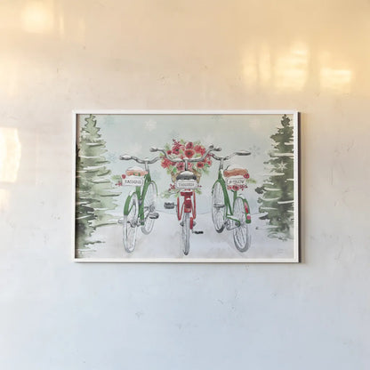 Holiday Ride I Red and Green by Dina June. shown as a paper print in a white frame. Available as a archival giclee rolled canvas, fine art paper, or poster print. SKU 75112i.