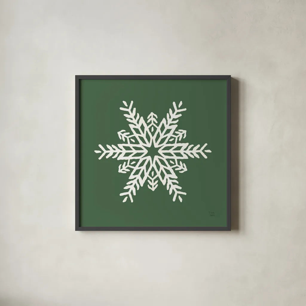 Holiday Ride Snowflake I by Dina June. Shown in a sleek black glass frame for a contemporary gallery look. Available as an archival giclee rolled canvas, fine art paper, or poster print. SKU 65418a.