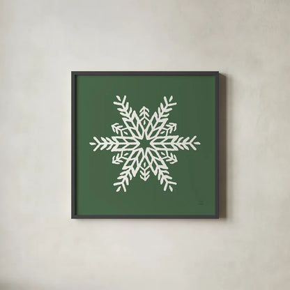 Holiday Ride Snowflake I by Dina June. Shown in a sleek black glass frame for a contemporary gallery look. Available as an archival giclee rolled canvas, fine art paper, or poster print. SKU 65418a.