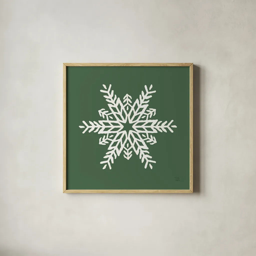 Holiday Ride Snowflake I by Dina June. Shown in a natural wood glass frame for a timeless modern aesthetic. Available as an archival giclee rolled canvas, fine art paper, or poster print. SKU 65418a.
