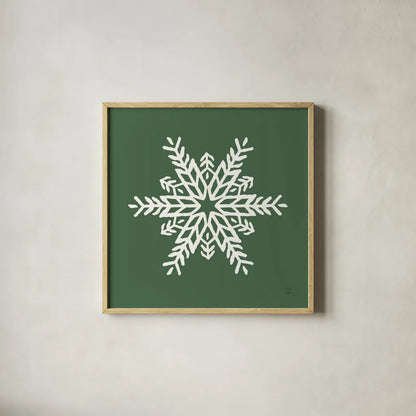 Holiday Ride Snowflake I by Dina June. Shown in a natural wood glass frame for a timeless modern aesthetic. Available as an archival giclee rolled canvas, fine art paper, or poster print. SKU 65418a.