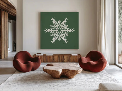 Holiday Ride Snowflake I by Dina June. Shown as extra-large giant wall art in a modern living room. Available as an archival giclee rolled canvas, fine art paper, or poster print. SKU 65418a.