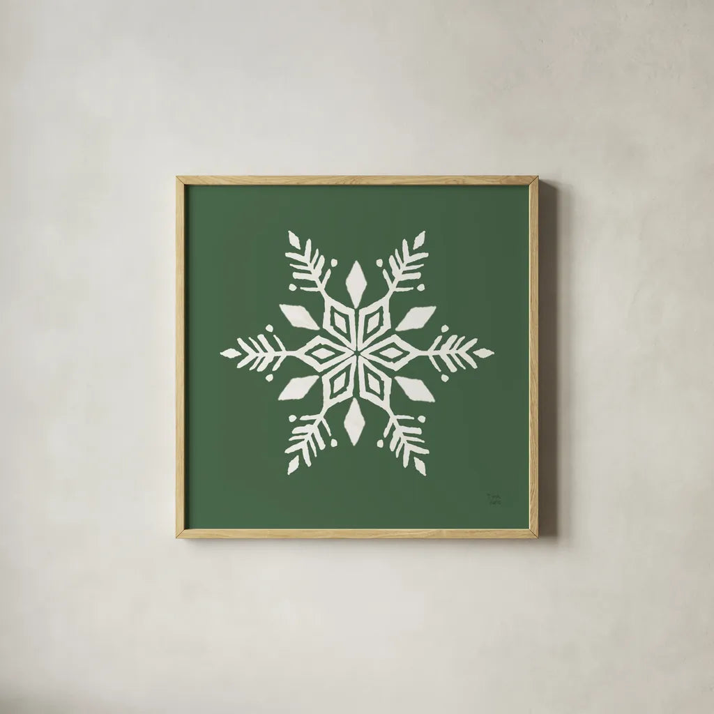 Holiday Ride Snowflake II by Dina June. Shown in a natural wood glass frame for a timeless modern aesthetic. Available as an archival giclee rolled canvas, fine art paper, or poster print. SKU 65419a.
