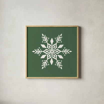 Holiday Ride Snowflake II by Dina June. Shown in a natural wood glass frame for a timeless modern aesthetic. Available as an archival giclee rolled canvas, fine art paper, or poster print. SKU 65419a.
