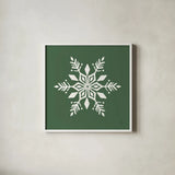 Holiday Ride Snowflake II by Dina June. Shown in a crisp white glass frame for a clean and minimalist style. Available as an archival giclee rolled canvas, fine art paper, or poster print. SKU 65419a.