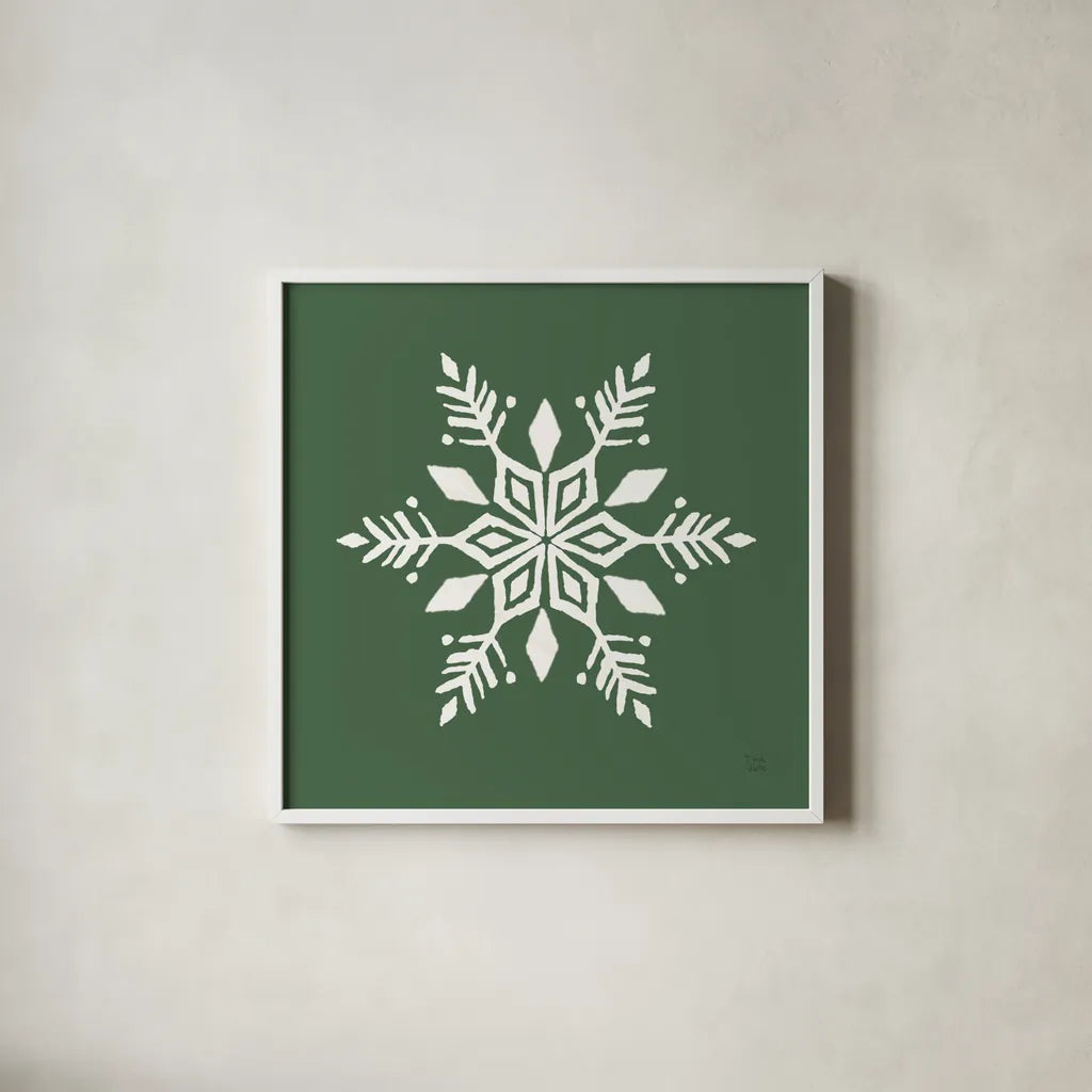 Holiday Ride Snowflake II by Dina June. Shown in a crisp white glass frame for a clean and minimalist style. Available as an archival giclee rolled canvas, fine art paper, or poster print. SKU 65419a.