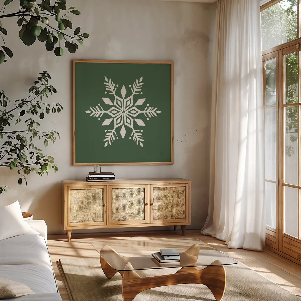 Holiday Ride Snowflake II by Dina June. Shown in a natural wood frame in a cozy modern living room. Available as an archival giclee rolled canvas, fine art paper, or poster print. SKU 65419a.