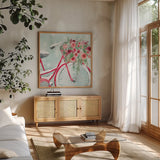 Holiday Ride V by Dina June. Shown in a natural wood frame in a cozy modern living room. Available as an archival giclee rolled canvas, fine art paper, or poster print. SKU 63618a.