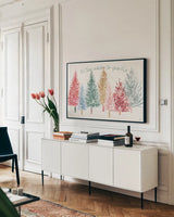 Holiday Sparkle I by Dina June. shown as a framed stretched canvas in a living room above a console. Available as a archival giclee rolled canvas, fine art paper, or poster print. SKU 78584i.
