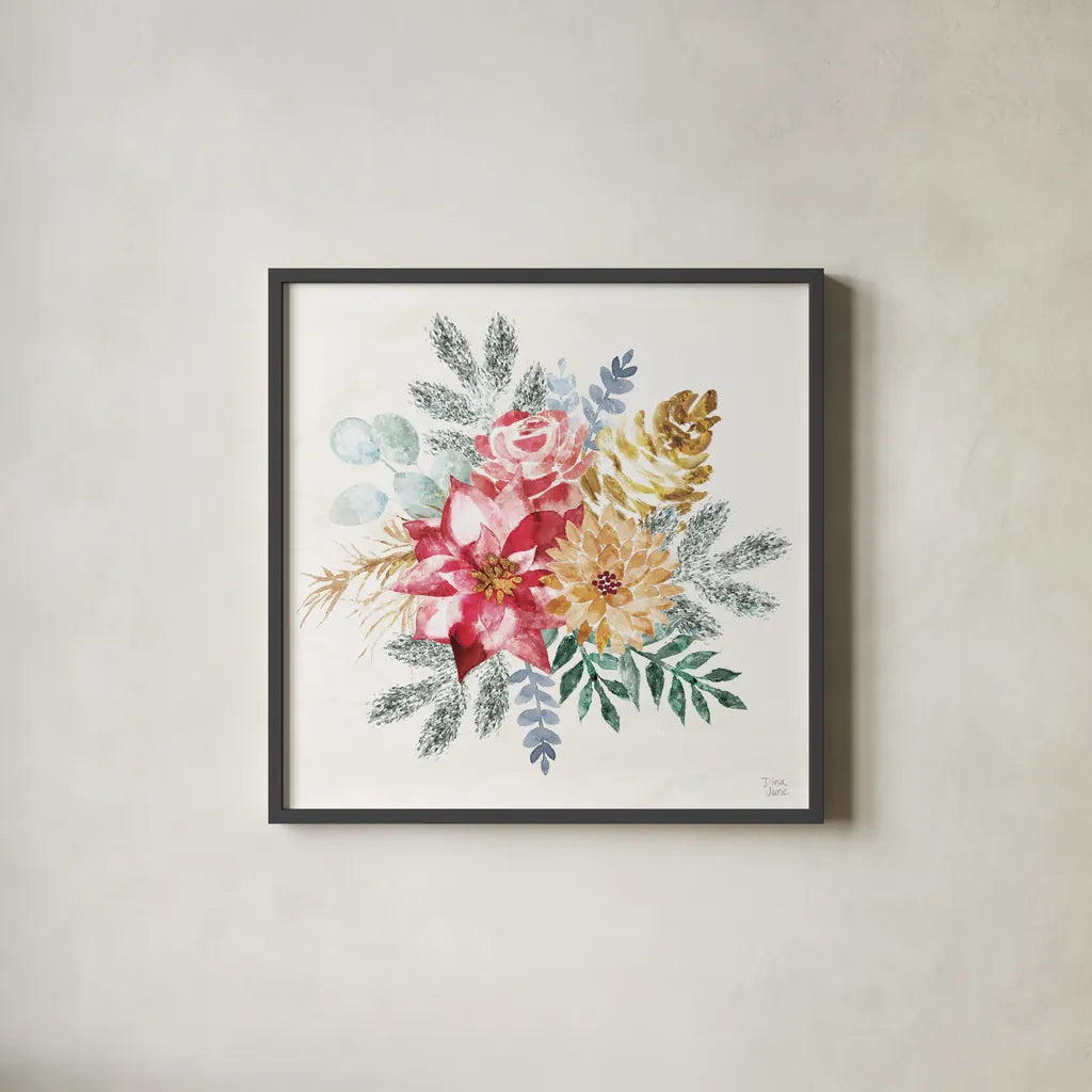 Holiday Sparkle II by Dina June. Shown in a sleek black glass frame for a contemporary gallery look. Available as an archival giclee rolled canvas, fine art paper, or poster print. SKU 78585a.
