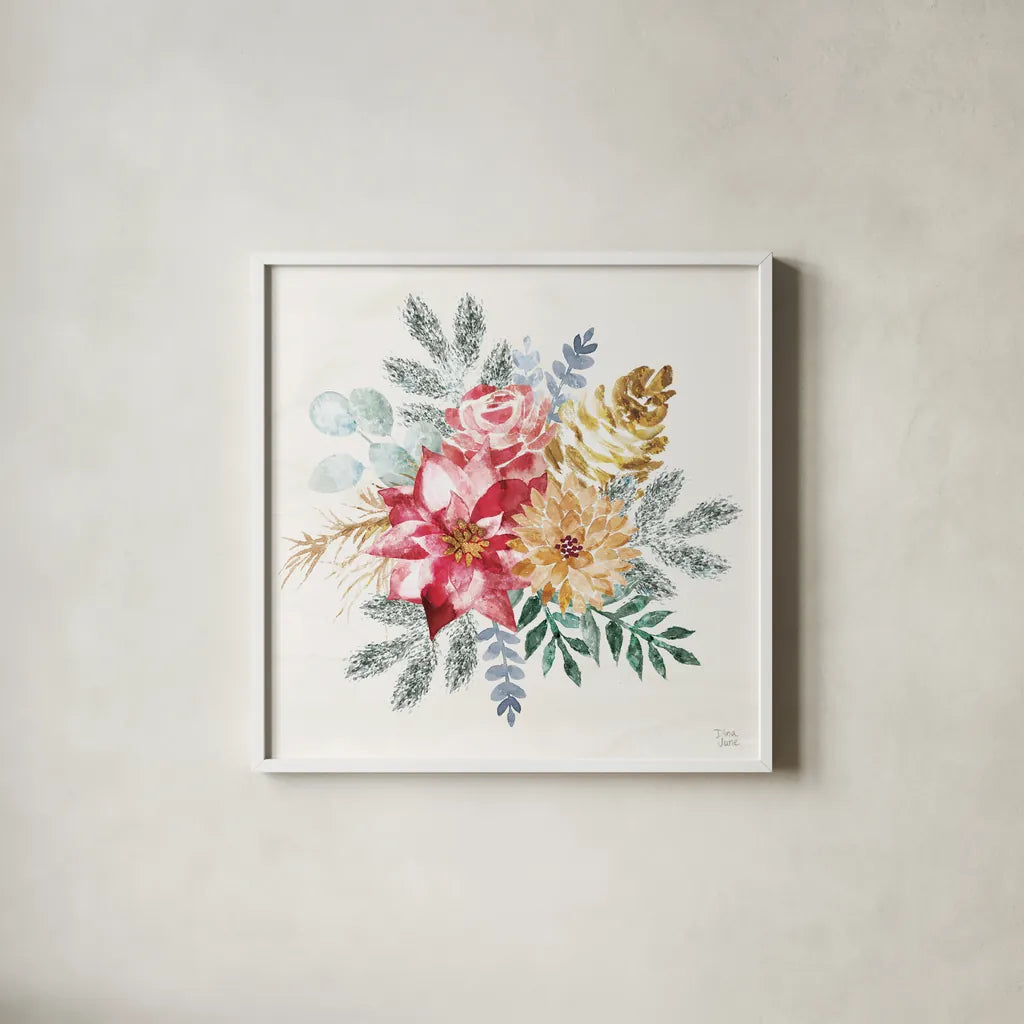 Holiday Sparkle II by Dina June. Shown in a crisp white glass frame for a clean and minimalist style. Available as an archival giclee rolled canvas, fine art paper, or poster print. SKU 78585a.