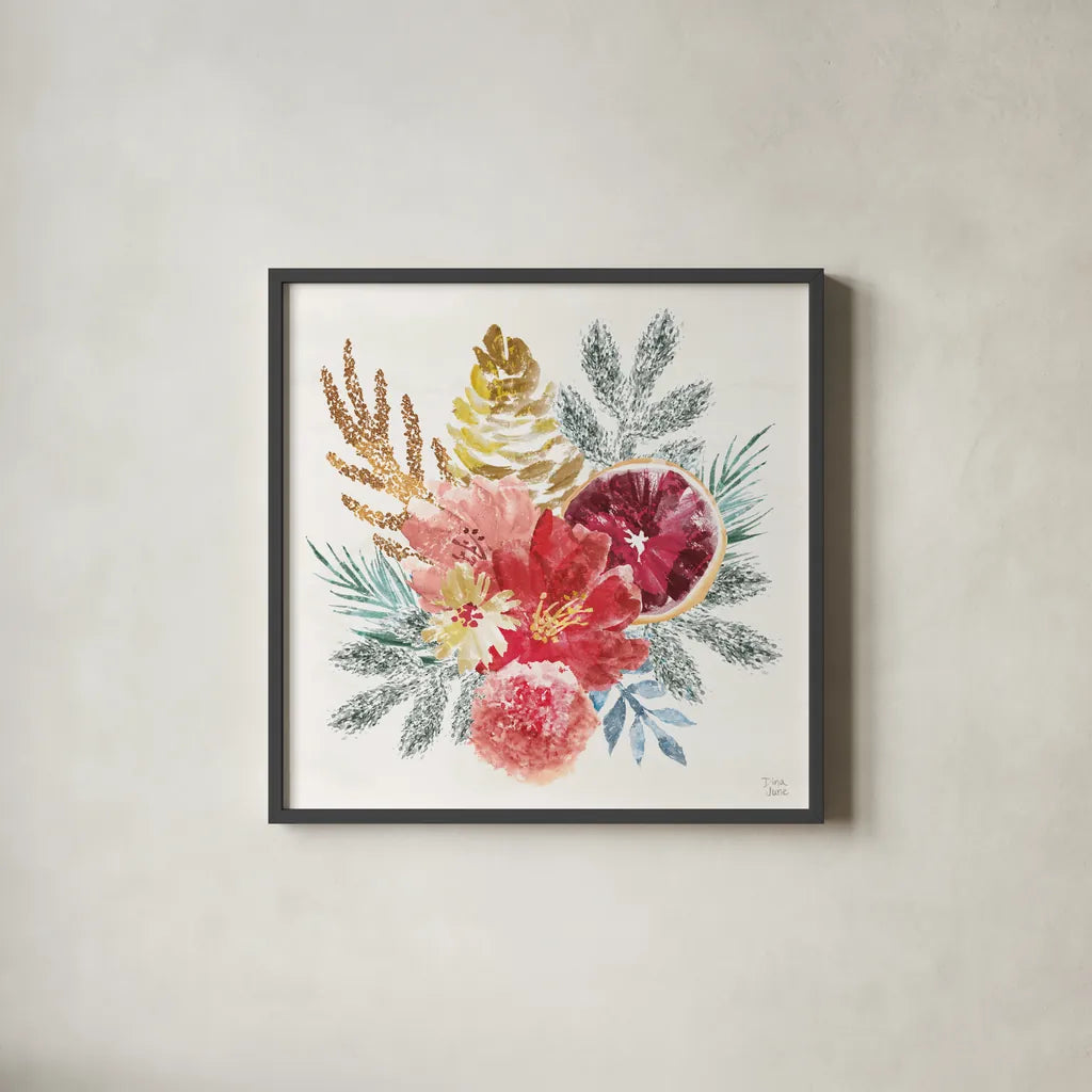 Holiday Sparkle III by Dina June. Shown in a sleek black glass frame for a contemporary gallery look. Available as an archival giclee rolled canvas, fine art paper, or poster print. SKU 78586a.