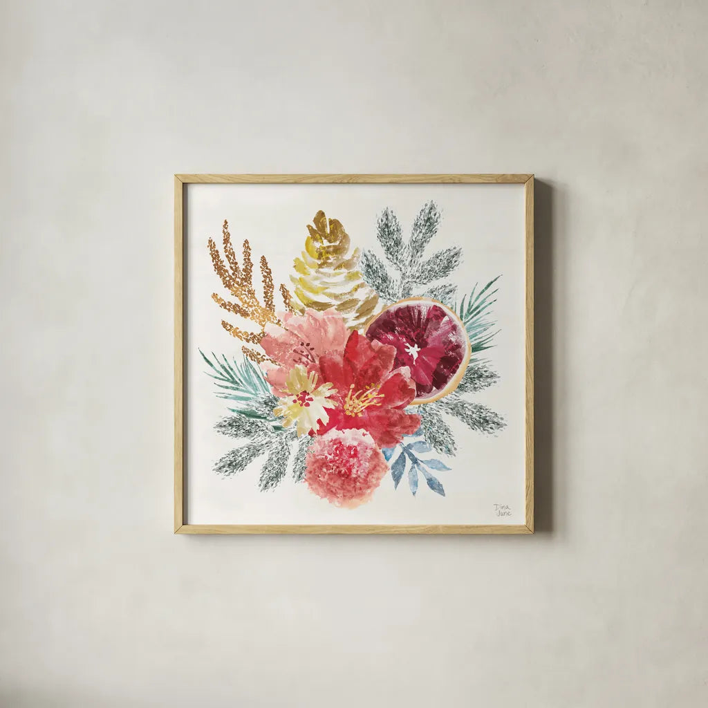 Holiday Sparkle III by Dina June. Shown in a natural wood glass frame for a timeless modern aesthetic. Available as an archival giclee rolled canvas, fine art paper, or poster print. SKU 78586a.
