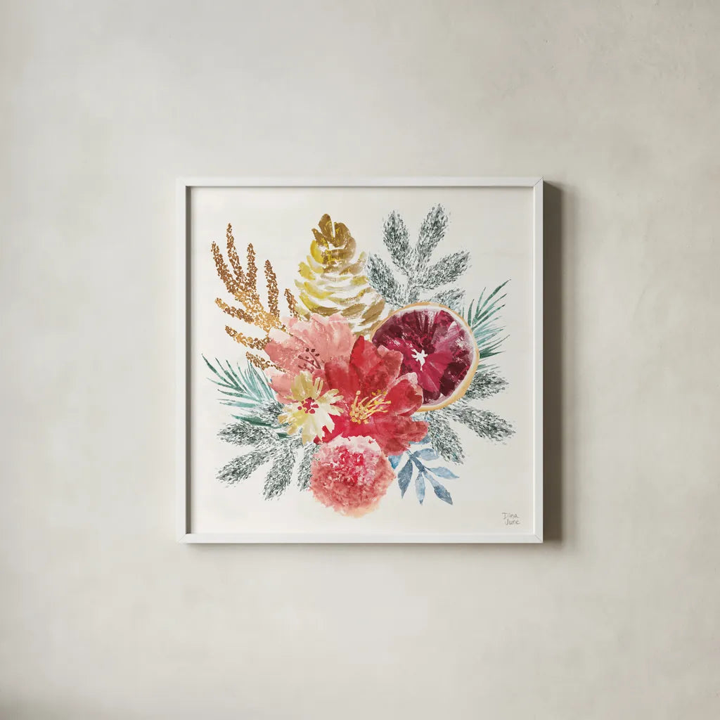 Holiday Sparkle III by Dina June. Shown in a crisp white glass frame for a clean and minimalist style. Available as an archival giclee rolled canvas, fine art paper, or poster print. SKU 78586a.