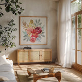 Holiday Sparkle III by Dina June. Shown in a natural wood frame in a cozy modern living room. Available as an archival giclee rolled canvas, fine art paper, or poster print. SKU 78586a.
