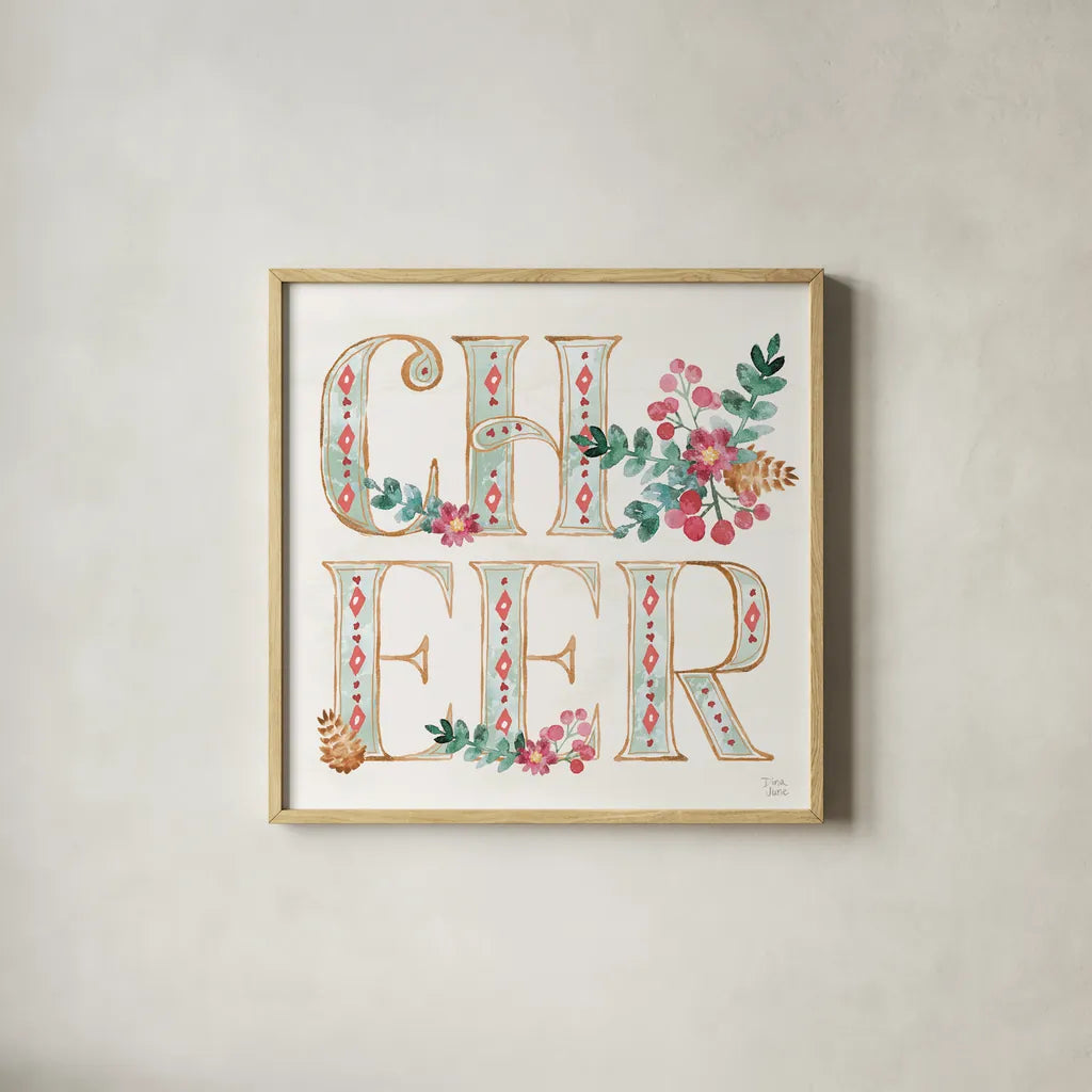 Holiday Sparkle VI by Dina June. Shown in a natural wood glass frame for a timeless modern aesthetic. Available as an archival giclee rolled canvas, fine art paper, or poster print. SKU 78589a.