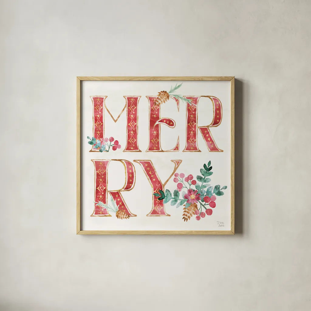 Holiday Sparkle VII by Dina June. Shown in a natural wood glass frame for a timeless modern aesthetic. Available as an archival giclee rolled canvas, fine art paper, or poster print. SKU 78590a.