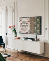 Impressions II by Dina June. shown as a framed stretched canvas in a living room above a console. Available as a archival giclee rolled canvas, fine art paper, or poster print. SKU 97775i.