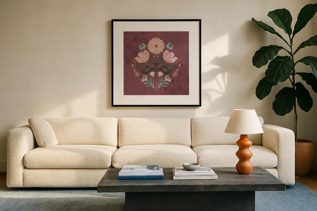 Impressions V by Dina June. Displayed in a glass frame with matte in a clean modern living room. Available as an archival giclee rolled canvas, fine art paper, or poster print. SKU 97778a.