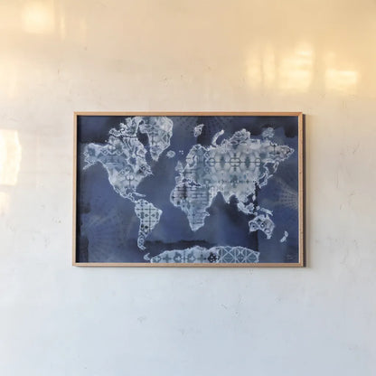 Indigo Splash I by Dina June. shown as a paper print in a natural frame. Available as a archival giclee rolled canvas, fine art paper, or poster print. SKU 71920i.
