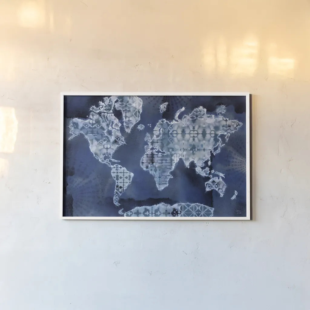 Indigo Splash I by Dina June. shown as a paper print in a white frame. Available as a archival giclee rolled canvas, fine art paper, or poster print. SKU 71920i.