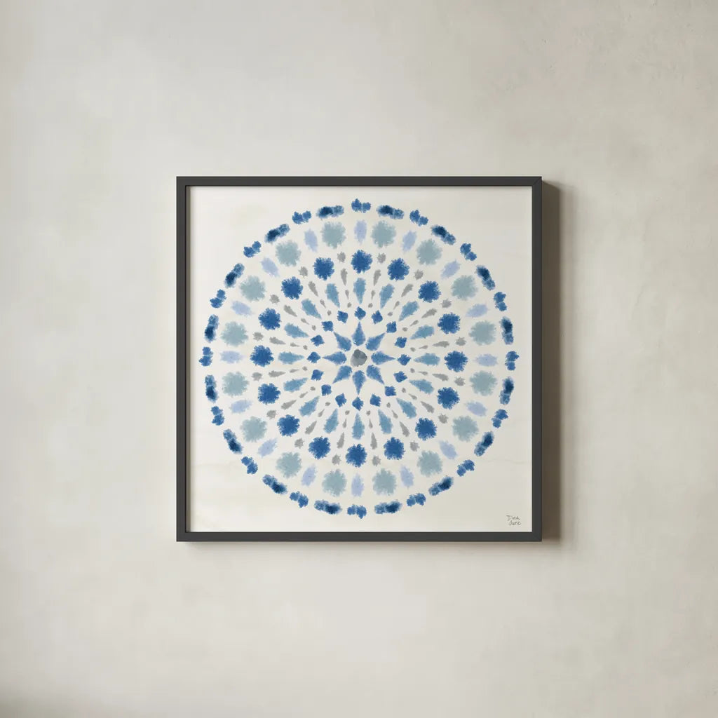 Indigo Splash II by Dina June. Shown in a sleek black glass frame for a contemporary gallery look. Available as an archival giclee rolled canvas, fine art paper, or poster print. SKU 71921a.