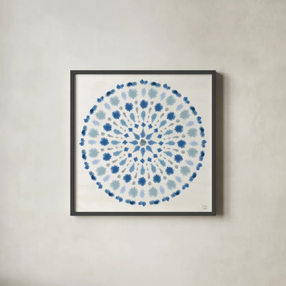 Indigo Splash II by Dina June. Shown in a sleek black glass frame for a contemporary gallery look. Available as an archival giclee rolled canvas, fine art paper, or poster print. SKU 71921a.