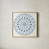 Indigo Splash II by Dina June. Shown in a natural wood glass frame for a timeless modern aesthetic. Available as an archival giclee rolled canvas, fine art paper, or poster print. SKU 71921a.