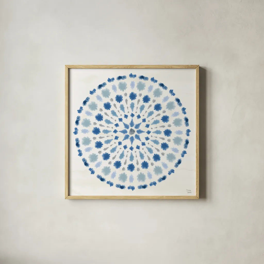 Indigo Splash II by Dina June. Shown in a natural wood glass frame for a timeless modern aesthetic. Available as an archival giclee rolled canvas, fine art paper, or poster print. SKU 71921a.