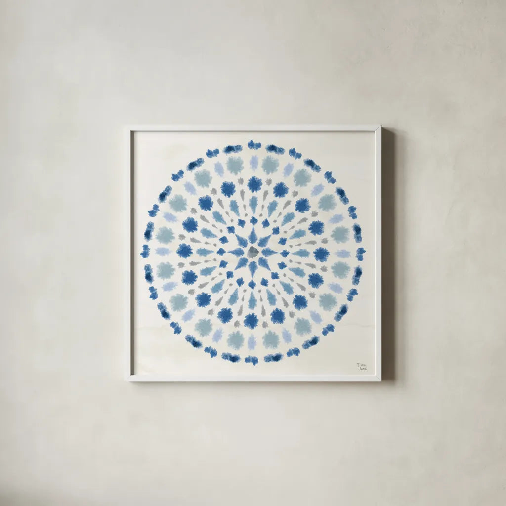 Indigo Splash II by Dina June. Shown in a crisp white glass frame for a clean and minimalist style. Available as an archival giclee rolled canvas, fine art paper, or poster print. SKU 71921a.