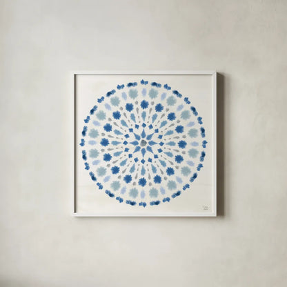 Indigo Splash II by Dina June. Shown in a crisp white glass frame for a clean and minimalist style. Available as an archival giclee rolled canvas, fine art paper, or poster print. SKU 71921a.