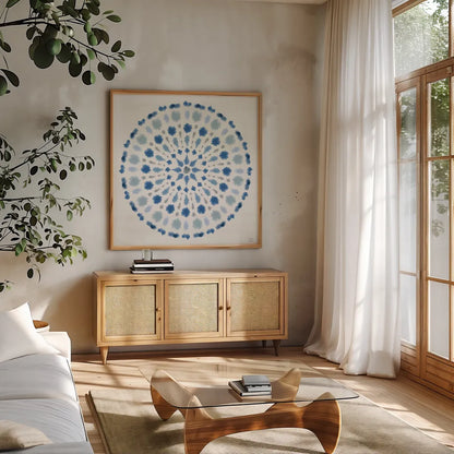 Indigo Splash II by Dina June. Shown in a natural wood frame in a cozy modern living room. Available as an archival giclee rolled canvas, fine art paper, or poster print. SKU 71921a.