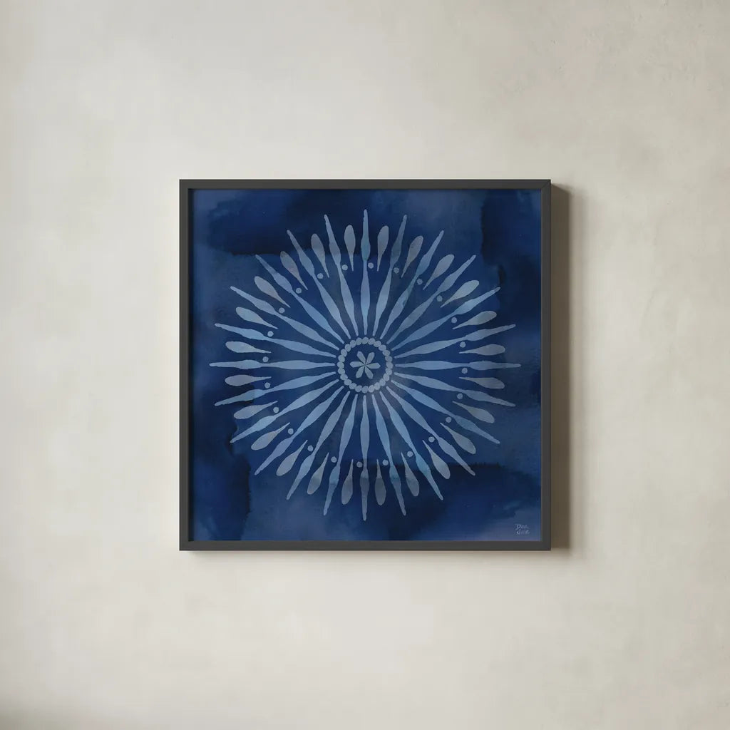 Indigo Splash III by Dina June. Shown in a sleek black glass frame for a contemporary gallery look. Available as an archival giclee rolled canvas, fine art paper, or poster print. SKU 71922a.
