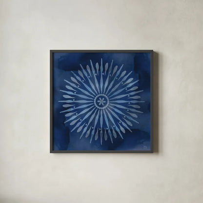 Indigo Splash III by Dina June. Shown in a sleek black glass frame for a contemporary gallery look. Available as an archival giclee rolled canvas, fine art paper, or poster print. SKU 71922a.