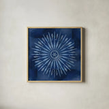 Indigo Splash III by Dina June. Shown in a natural wood glass frame for a timeless modern aesthetic. Available as an archival giclee rolled canvas, fine art paper, or poster print. SKU 71922a.
