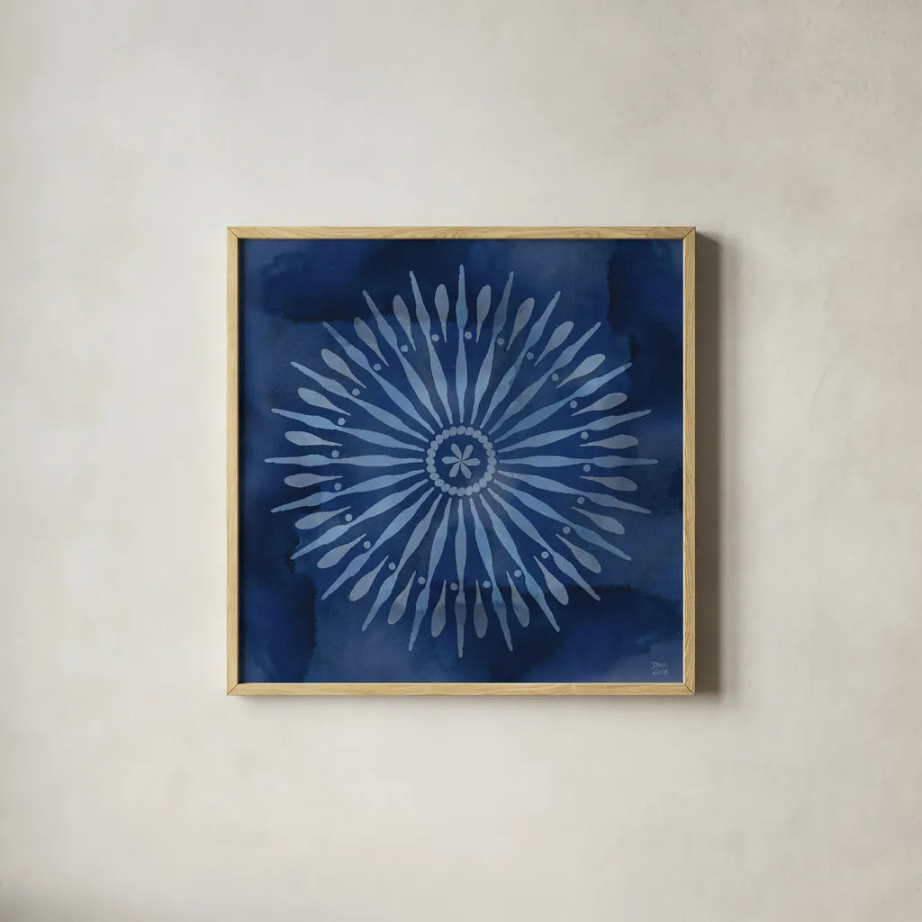 Indigo Splash III by Dina June. Shown in a natural wood glass frame for a timeless modern aesthetic. Available as an archival giclee rolled canvas, fine art paper, or poster print. SKU 71922a.